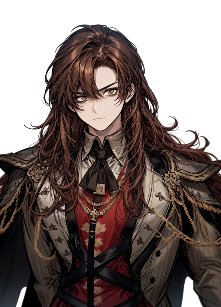 1boy, brown eyes, brown hair, writer, nice clothes, (high resolution, high detail, best quality), 
black background, serious, long hair, sword