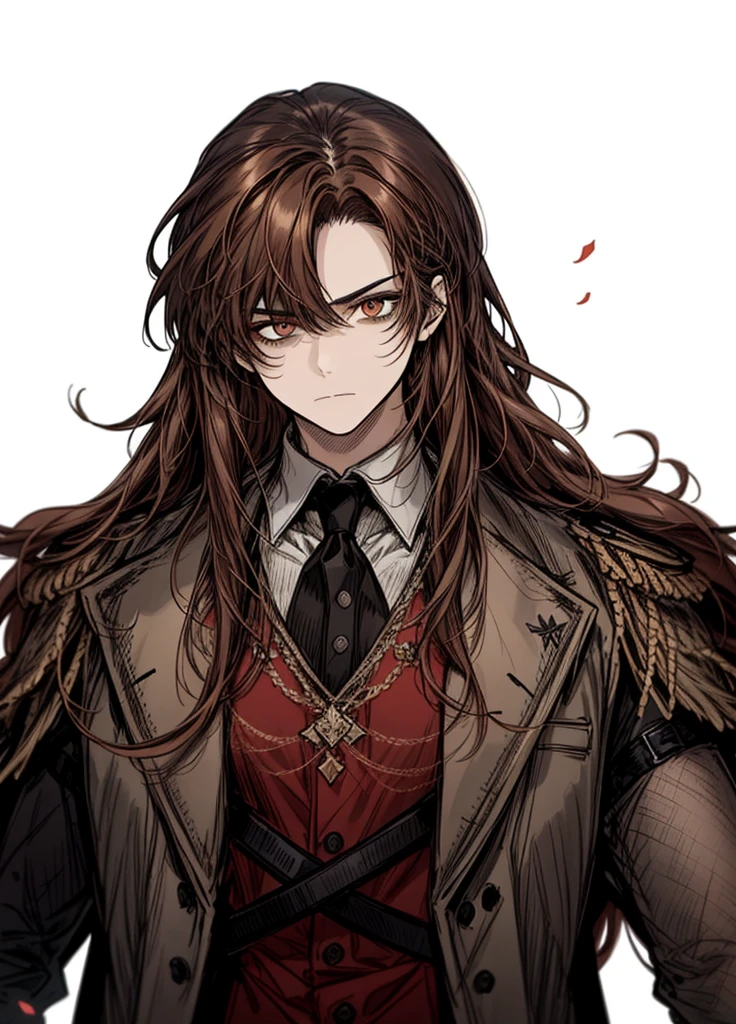 1boy, brown eyes, brown hair, writer, nice clothes, (high resolution, high detail, best quality), 
black background, serious, long hair, sword