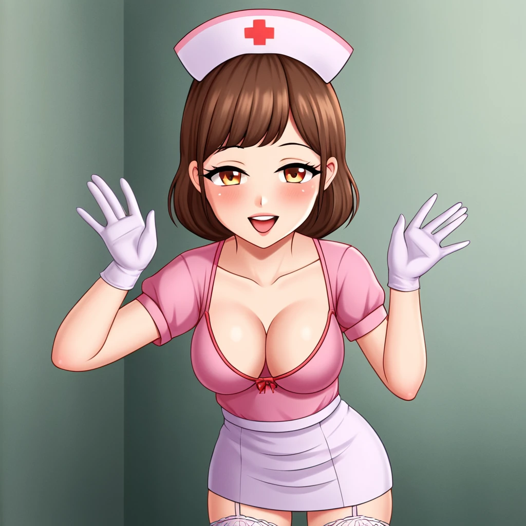 In a dimly lit hospital room, a sultry young female nurse stands out against the somber backdrop. Dressed in lacy lingerie, thigh-high stockings, and a nurse's cap, she exudes seductive mystery. Soft, warm glow illuminates her low-cut pink top showcasing ample cleavage, while white gloves add sophistication. Her gaze invites the viewer to step into her world. Ornate medical equipment and eerie shadows hint at gothic horror elements in the background. The nurse's cap and white gloves nod to darker undertones, balancing provocative themes with elegance.