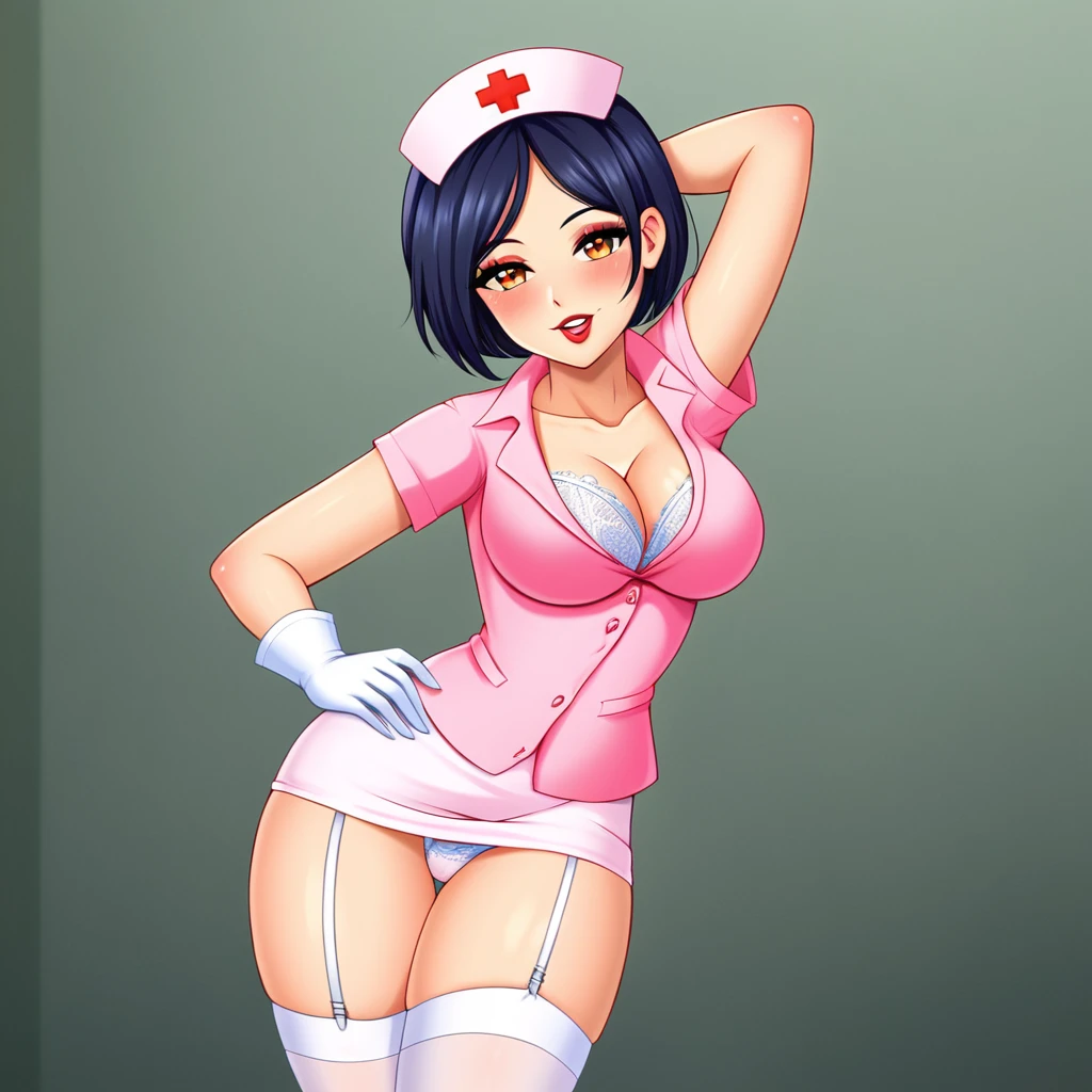 In a dimly lit hospital room, a sultry young female nurse stands out against the somber backdrop. Dressed in lacy lingerie, thigh-high stockings, and a nurse's cap, she exudes seductive mystery. Soft, warm glow illuminates her low-cut pink top showcasing ample cleavage, while white gloves add sophistication. Her gaze invites the viewer to step into her world. Ornate medical equipment and eerie shadows hint at gothic horror elements in the background. The nurse's cap and white gloves nod to darker undertones, balancing provocative themes with elegance.