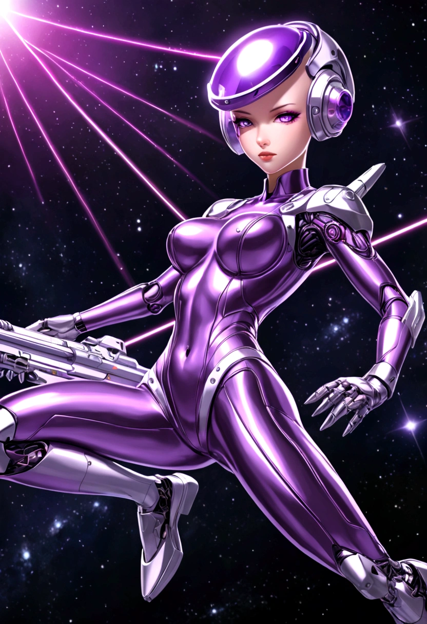 Luciwilde is a sexy cyborg with a entirely electric purple metallic body(obviously mechanical), metal helmet stylized as a fashion model hairdo (no hair visible), and a completely human face. She is flying through space propelled by jets in her feet. She has a guitar with a laser rifle built into it. Full body shot, show all of her, action pose with her weapon, best quality, extreme attention to detail, beautiful face
