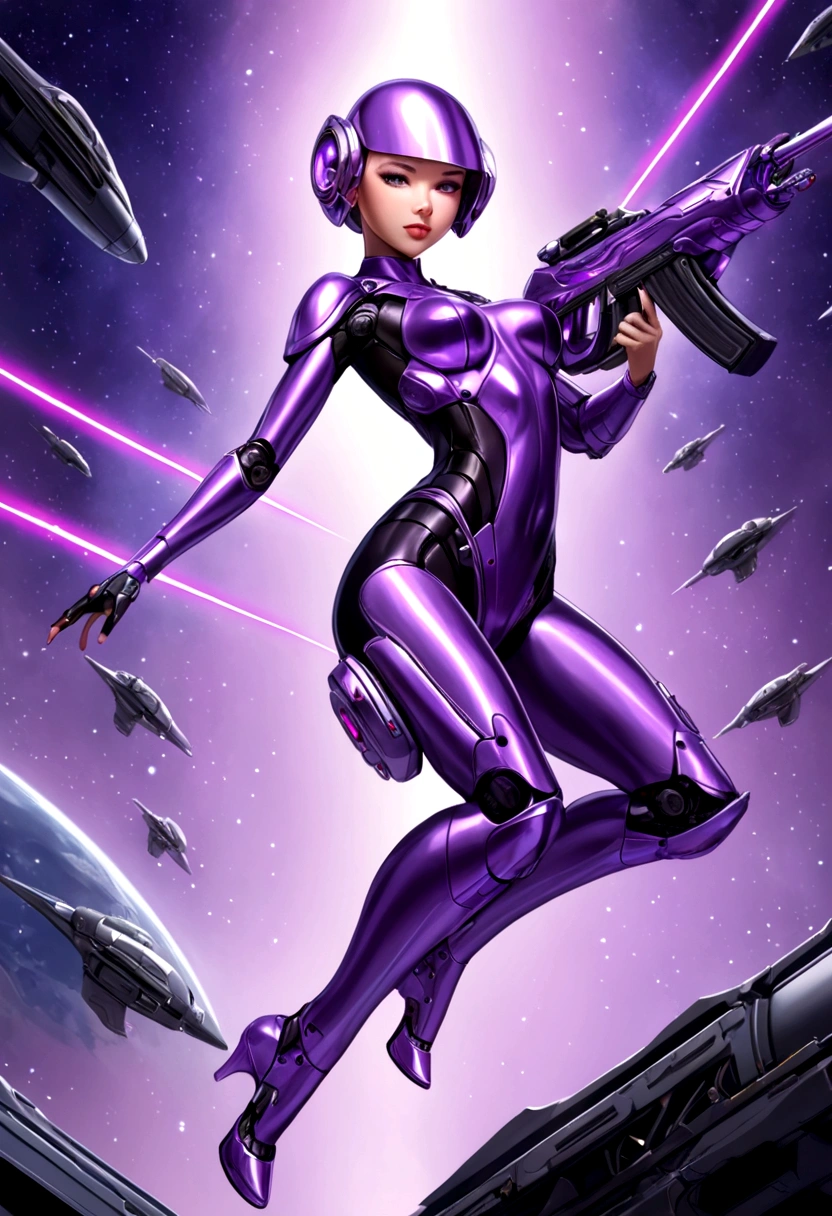 Luciwilde is a sexy cyborg with a entirely electric purple metallic body(obviously mechanical), metal helmet stylized as a fashion model hairdo (no hair visible), and a completely human face. She is flying through space propelled by jets in her feet. She has a guitar with a laser rifle built into it. Full body shot, show all of her, action pose with her weapon, best quality, extreme attention to detail, beautiful face
