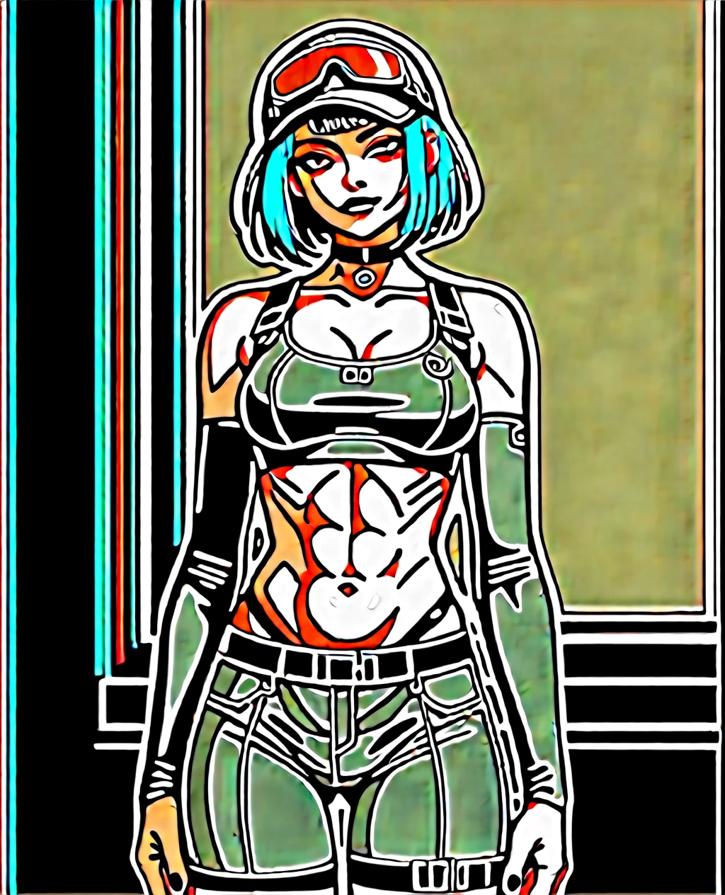 score_9, score_8_up, woman, athletic body, hourglass body, Ela Bosak from Rainbow Six Siege, seductive pose, Standing, tactical gear, green hair, thigh straps, clothed, revealing clothes, seductive face, beautiful eyes, detailed eyes, city scape background, black cap, pink goggles on cap, green yoga pants, black nails, choker,