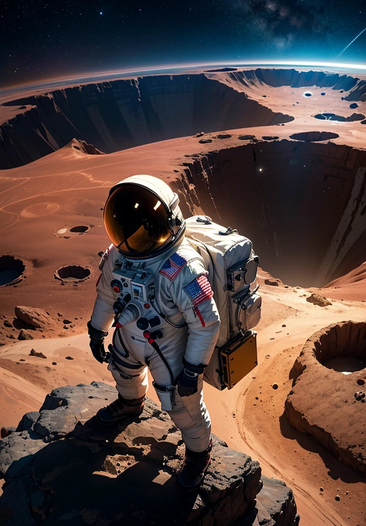 An astronaut stands on the edge of a vast cliff, peering down into an enormous, deep crater that stretches out before them. The Martian night sky is filled with countless stars, casting a gentle glow over the barren, rocky terrain. The depth of the crater is immense, disappearing into darkness, creating a sense of awe and wonder. Jagged rocks and steep slopes surround the scene, with the distant Martian mountains silhouetted against the starry sky. The astronaut's suit is faintly illuminated by their helmet lights, highlighting the surreal beauty of the Martian night.