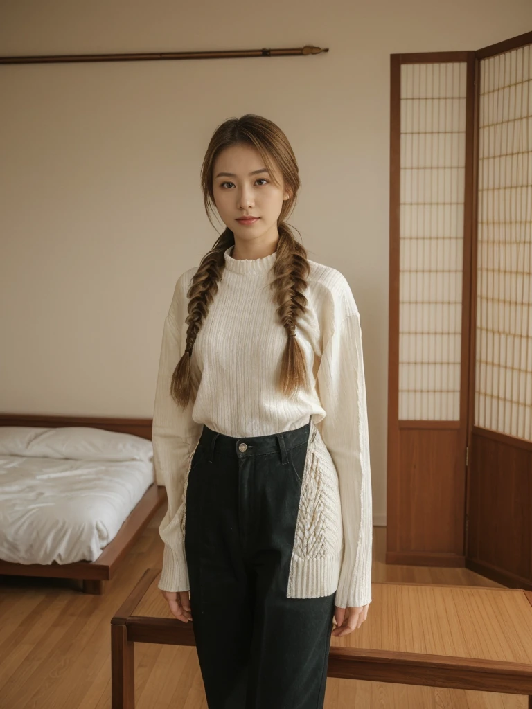 her name is Asako, high quality, 1girl, ((20-year-old fit Caucasian woman)), ((20 years old)), ((slim)), ((Fishtail Braid hair)), pose: standing, wearing aesthetic Generation-Z modern wear different colored, BACKGROUND: "In a traditional tatami room, with sliding shoji screens and a low wooden table set for tea."