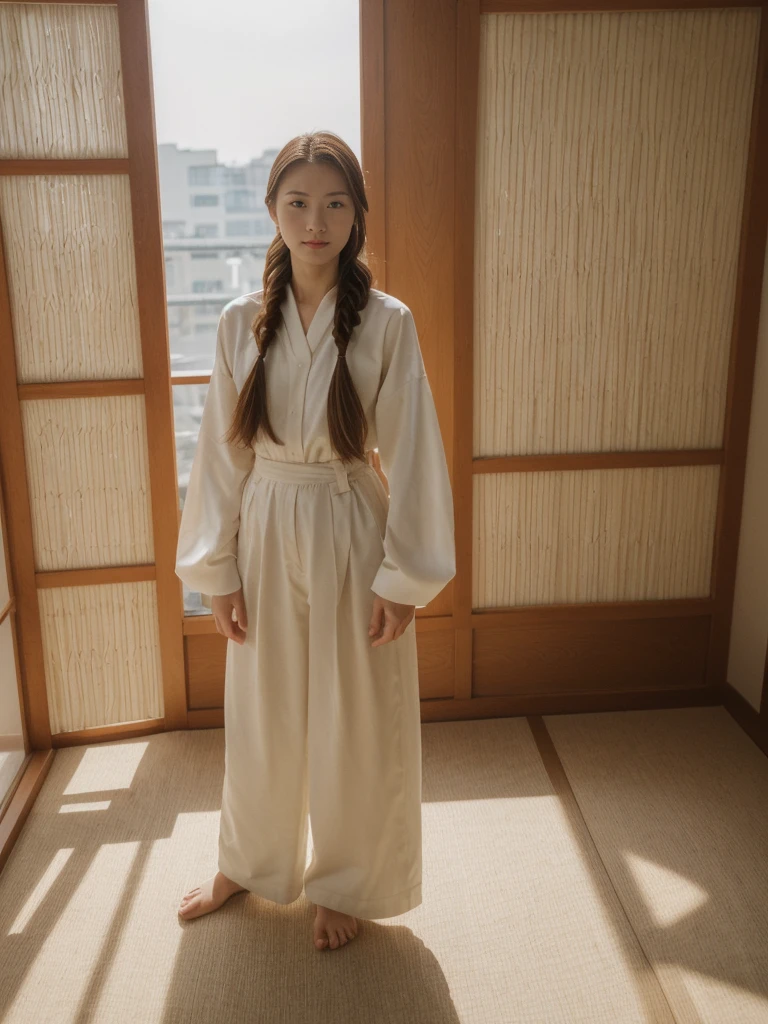 her name is Asako, high quality, 1girl, ((20-year-old fit Caucasian woman)), ((20 years old)), ((slim)), ((Fishtail Braid hair)), pose: standing, wearing aesthetic Generation-Z modern wear different colored, BACKGROUND: "In a traditional tatami room, with sliding shoji screens and a low wooden table set for tea."