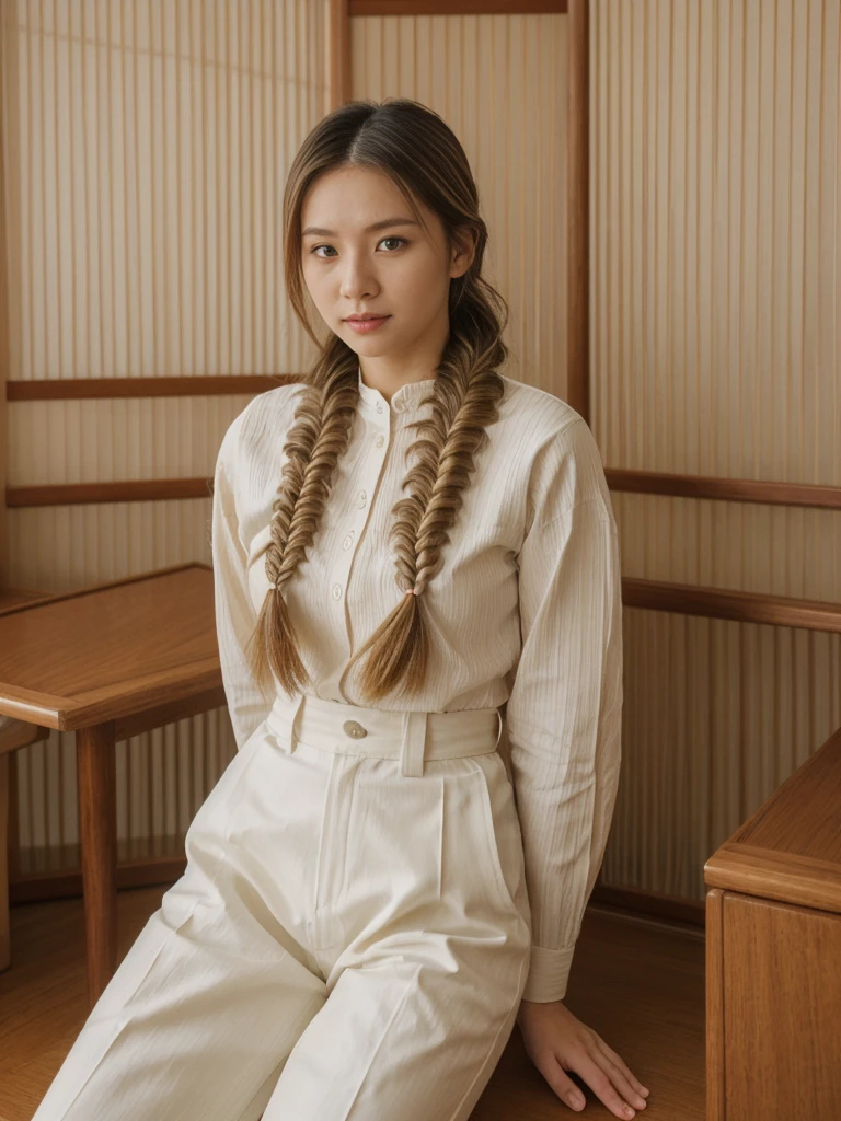 her name is Asako, high quality, 1girl, ((20-year-old fit Caucasian woman)), ((20 years old)), ((slim)), ((Fishtail Braid hair)), pose: standing, wearing aesthetic Generation-Z modern wear different colored, BACKGROUND: "In a traditional tatami room, with sliding shoji screens and a low wooden table set for tea."