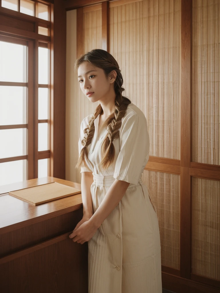 her name is Asako, high quality, 1girl, ((20-year-old fit Caucasian woman)), ((20 years old)), ((slim)), ((Fishtail Braid hair)), pose: standing, wearing aesthetic Generation-Z modern wear different colored, BACKGROUND: "In a traditional tatami room, with sliding shoji screens and a low wooden table set for tea."