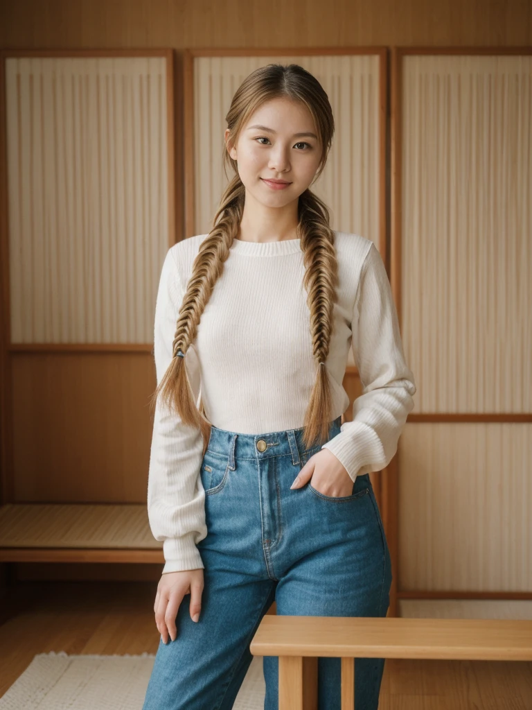 her name is Asako, high quality, 1girl, ((20-year-old fit Caucasian woman)), ((20 years old)), ((slim)), ((Fishtail Braid hair)), pose: standing, wearing aesthetic Generation-Z modern wear different colored, BACKGROUND: "In a traditional tatami room, with sliding shoji screens and a low wooden table set for tea."