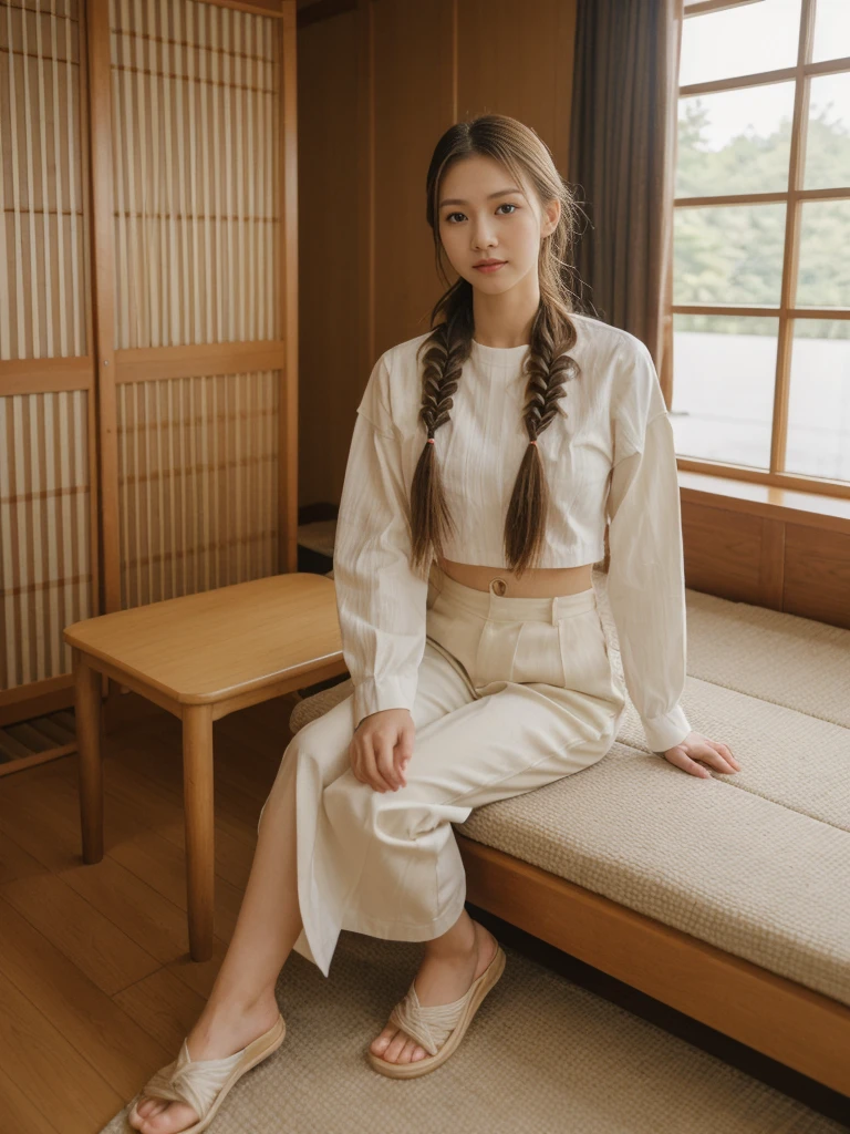 her name is Asako, high quality, 1girl, ((20-year-old fit Caucasian woman)), ((20 years old)), ((slim)), ((Fishtail Braid hair)), pose: standing, wearing aesthetic Generation-Z modern wear different colored, BACKGROUND: "In a traditional tatami room, with sliding shoji screens and a low wooden table set for tea."