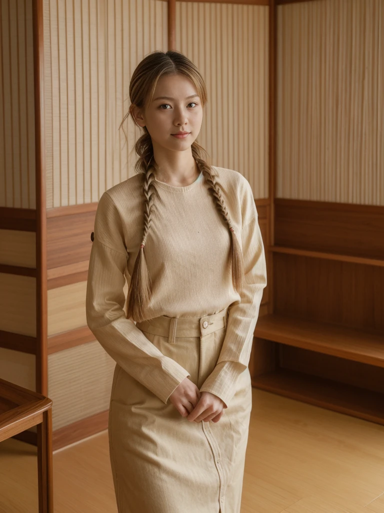 her name is Asako, high quality, 1girl, ((20-year-old fit Caucasian woman)), ((20 years old)), ((slim)), ((Fishtail Braid hair)), pose: standing, wearing aesthetic Generation-Z modern wear different colored, BACKGROUND: "In a traditional tatami room, with sliding shoji screens and a low wooden table set for tea."