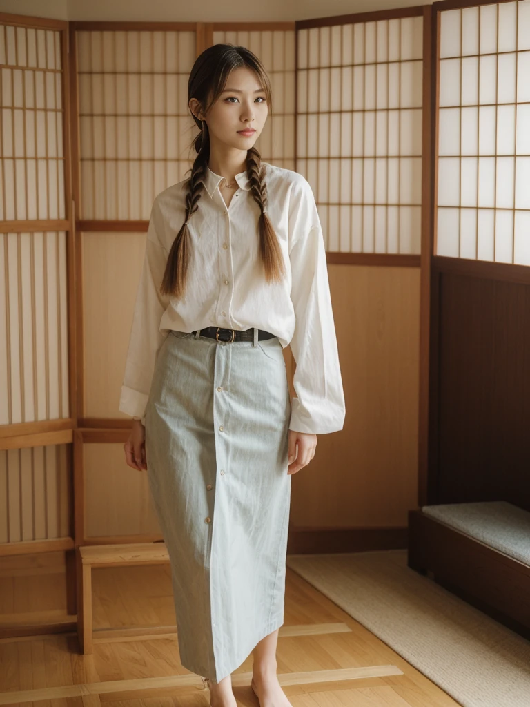 her name is Asako, high quality, 1girl, ((20-year-old fit Caucasian woman)), ((20 years old)), ((slim)), ((Fishtail Braid hair)), pose: standing, wearing aesthetic Generation-Z modern wear different colored, BACKGROUND: "In a traditional tatami room, with sliding shoji screens and a low wooden table set for tea."