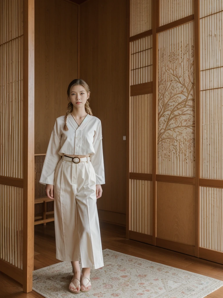 her name is Asako, high quality, 1girl, ((20-year-old fit Caucasian woman)), ((20 years old)), ((slim)), ((Fishtail Braid hair)), pose: standing, wearing aesthetic Generation-Z modern wear different colored, BACKGROUND: "In a traditional tatami room, with sliding shoji screens and a low wooden table set for tea."