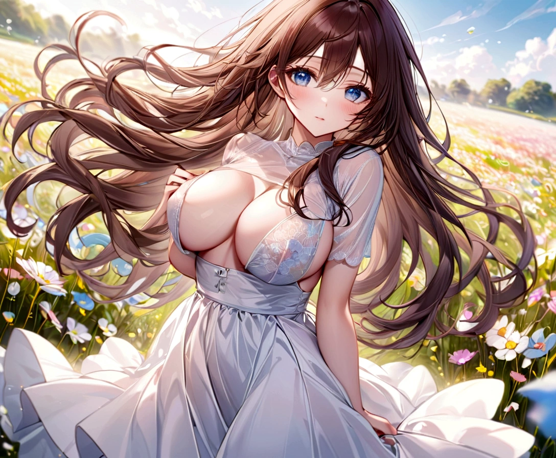 girl、cute、Brown Hair、Fluffy hair、Long Hair、White dress、Skirt fluttering in the wind、solo、blue eyes、Highest quality、masterpiece、Clear focuinimally revealing clothing、Large Breasts、Perfect Body、Highly detailed eye depiction、Flower Field、pastel colour