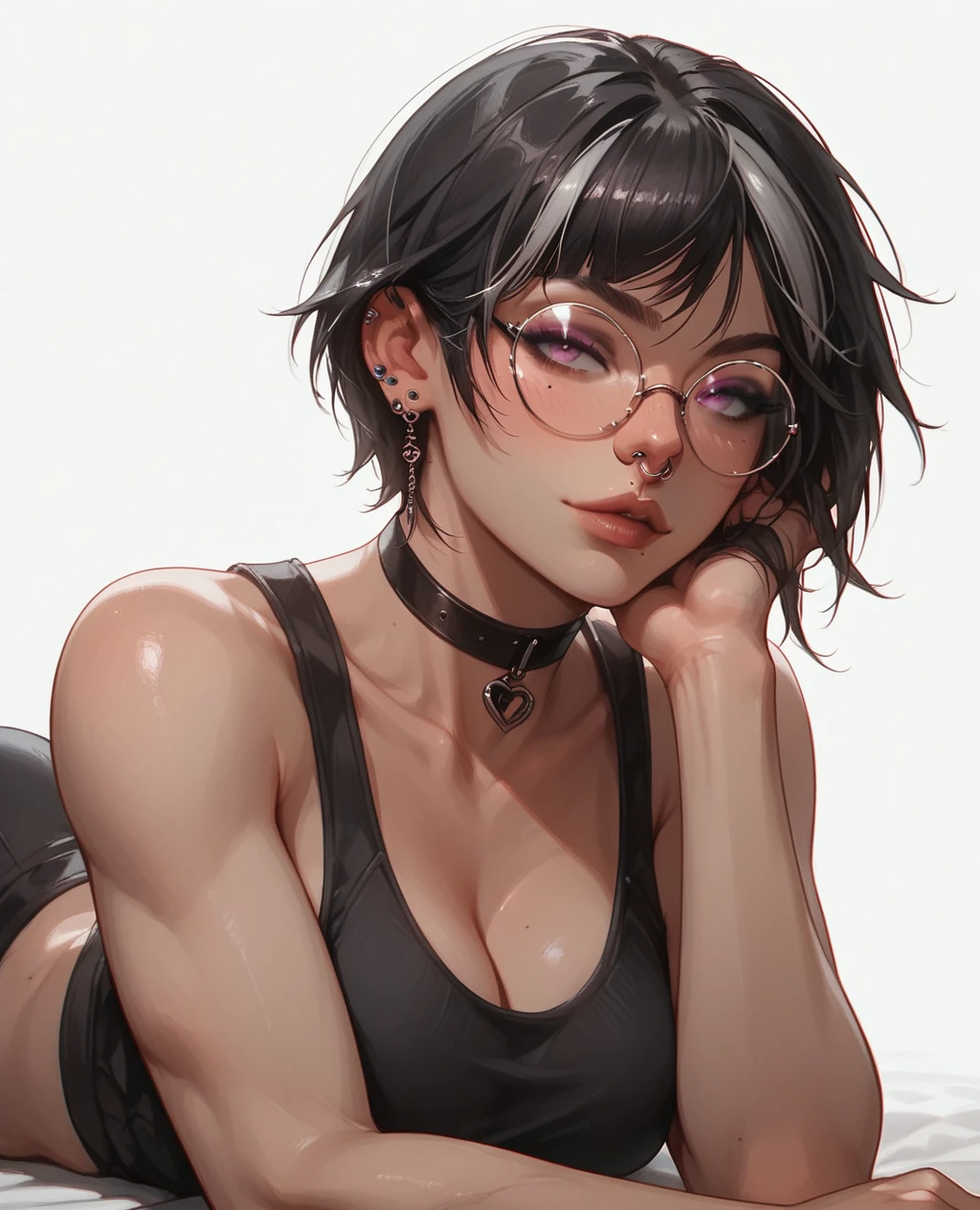 score_9, score_8_up, 1woman, athletic body, hourglass body, Dokkaebi from Rainbow Six Siege, Seductive pose, Seductive face, detailed eyes, hips, sexy pose, confident, laying on stomach, white background, sexy, round glasses,  black rimmed glasses, revealing clothes, choker, sports shorts, hips, back, nose piercing, ear piercing, beautiful eyes, 