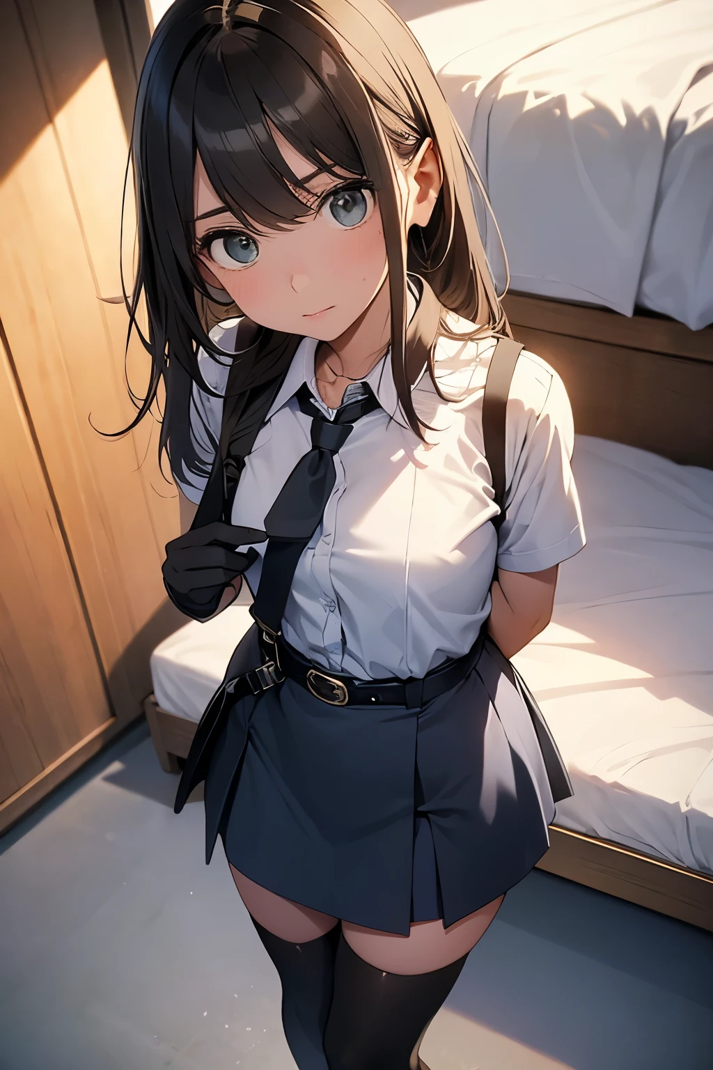 high quality, masterpiece, Ultra-high resolution, (realism: 1.4), Oil painting style, Cinema Lighting, , I stood on the empty asphalt road and looked at it., And the suspenders with the cranes flying Moderate Small face holster Lying in bed Looking up Sweat belt summer 脇Sweat Black Hole Gloves suit mini skirt garterbelt Leg Links ズボンにbelt holster Hands behind your back Anxious expression Looking up Anxious face Knee-high Knee socks Knee-highソックス garterbelt garter ふとももにgarterbelt