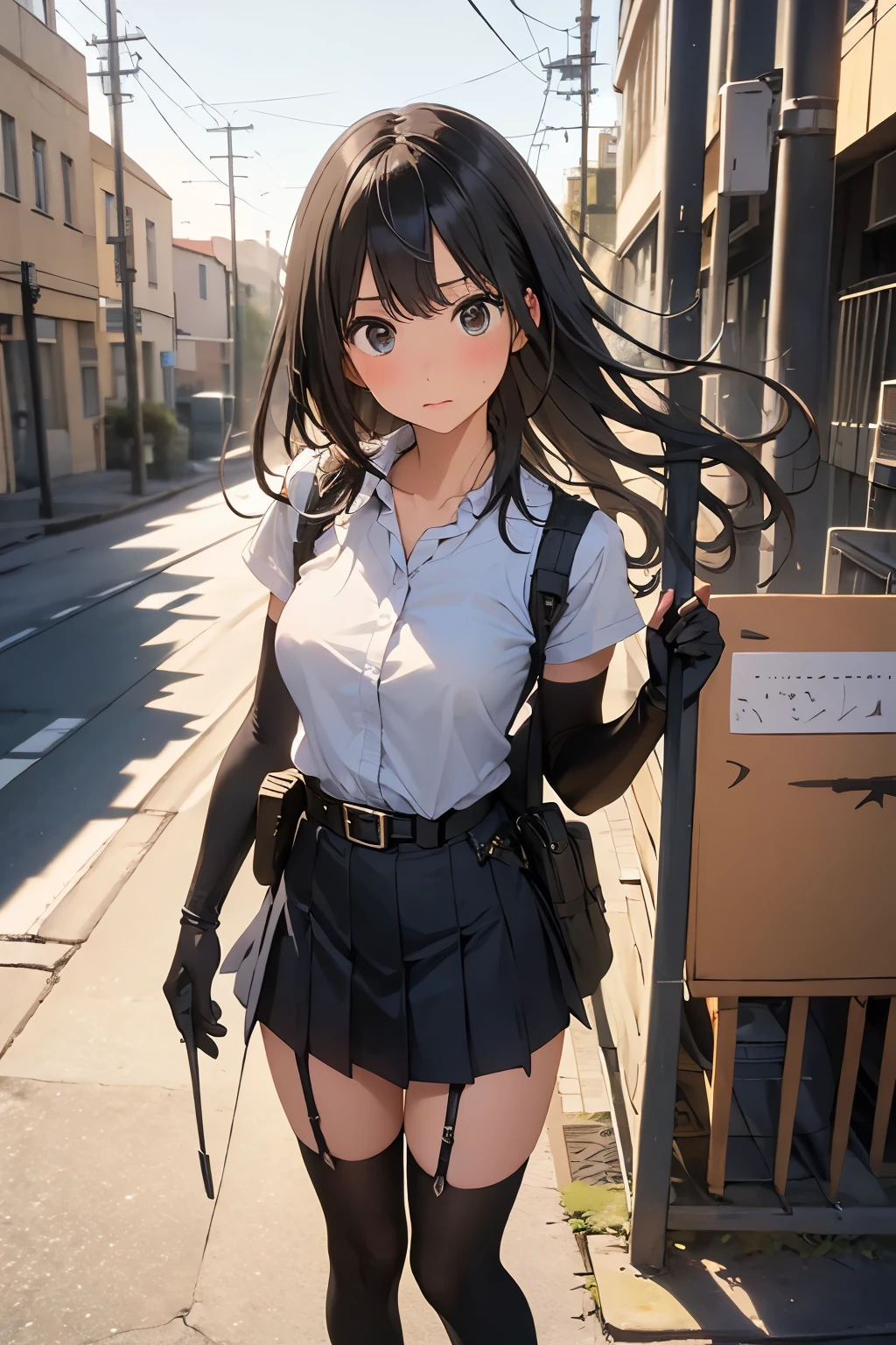 high quality, masterpiece, Ultra-high resolution, (realism: 1.4), Oil painting style, Cinema Lighting, , I stood on the empty asphalt road and looked at it., And the suspenders with the cranes flying　　Moderate breasts　 　 　　　　Small face　 　　　holster　　　　　　　 Lying in bed　Looking up　　　　Sweat 　　　belt　summer　脇Sweat 　Black Hole Gloves　suit　　　　 mini skirt　garterbelt　Leg Links　ズボンにbelt　　holster　 　　Hands behind your back　 Anxious expression　Looking up　Anxious face　Knee-high　Knee socks　Knee-highソックス garterbelt　garter　ふとももにgarterbelt