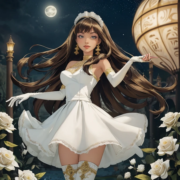 ((high quality)), ((Work of art)), (more detail), 1girl, centered, a girl with a blue skinny, award winning upper body portrait, cowboy shot, solo, brown hair, long hair, wave hair, Egyptian aesthetic, white shirt, white skirt, blue knee boots, smiling, Egypt style, garden with lake scenery, gold lanterns, white roses, full moon,  depth of field, cinematic composition, night, white roses, smile, gothic dress, white dress, white dress with transparency, blue laces, white gloves, white high socks, blue high hills boots, gold jewelry, jewelry, space, white roses on focus, Cleo de Nilo_(monster high), Monster High, looking at the viewer, more details on the clothes, petals in the air, two arms, two legs, two hands, five fingers, space scene, 1girl, white maid dress, jewelry, brown hair, flowing hair, long hair, maid dress with a short skirt and layers, white laces, white boots, white dress with transparency, gold details on her clothes, cat ears, animal ears,  more details, perfectly body, perfectly hands, two hands, two legs, two arms, five fingers, glowing hair, best quality, cat ears, animal ears, tail ornament, tail bow, white gloves, two cat tail, white gloves, alone, maid headdress, choker, detached sleeves, maid dress, maid white dress, strapless, masterpiece, best quality, detailed face, night, asymmetrical gloves, bangs, white short skirt , white gloves, white boots, earrings, elbow gloves, fishnet thighhighs, fish masterpiece, solo, best quality, detailed face, gloves, green eyes, green hair, hair between eyes, jewelry, long hair, looking at viewer, single earring, sky, sleeveless, solo, thigh boots, thigh highs, uneven gloves, cat ears, animal ears, cat tail, , solo, alone, Looking at the viewer, More details on the clothes, white roses on her hair, space scenery, maid, maid dress, green details, white roses, maid headdress, maid apron, purple hair, long hair, seat on the Saturn rings, more details on her clothes, gold details on her 