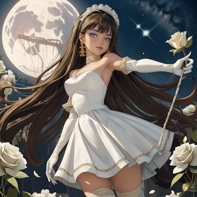 ((high quality)), ((Work of art)), (more detail), 1girl, centered, a girl with a blue skinny, award winning upper body portrait, cowboy shot, solo, brown hair, long hair, wave hair, Egyptian aesthetic, white shirt, white skirt, blue knee boots, smiling, Egypt style, garden with lake scenery, gold lanterns, white roses, full moon,  depth of field, cinematic composition, night, white roses, smile, gothic dress, white dress, white dress with transparency, blue laces, white gloves, white high socks, blue high hills boots, gold jewelry, jewelry, space, white roses on focus, Cleo de Nilo_(monster high), Monster High, looking at the viewer, more details on the clothes, petals in the air, two arms, two legs, two hands, five fingers, space scene, 1girl, white maid dress, jewelry, brown hair, flowing hair, long hair, maid dress with a short skirt and layers, white laces, white boots, white dress with transparency, gold details on her clothes, cat ears, animal ears,  more details, perfectly body, perfectly hands, two hands, two legs, two arms, five fingers, glowing hair, best quality, cat ears, animal ears, tail ornament, tail bow, white gloves, two cat tail, white gloves, alone, maid headdress, choker, detached sleeves, maid dress, maid white dress, strapless, masterpiece, best quality, detailed face, night, asymmetrical gloves, bangs, white short skirt , white gloves, white boots, earrings, elbow gloves, fishnet thighhighs, fish masterpiece, solo, best quality, detailed face, gloves, green eyes, green hair, hair between eyes, jewelry, long hair, looking at viewer, single earring, sky, sleeveless, solo, thigh boots, thigh highs, uneven gloves, cat ears, animal ears, cat tail, , solo, alone, Looking at the viewer, More details on the clothes, white roses on her hair, space scenery, maid, maid dress, green details, white roses, maid headdress, maid apron, purple hair, long hair, seat on the Saturn rings, more details on her clothes, gold details on her 