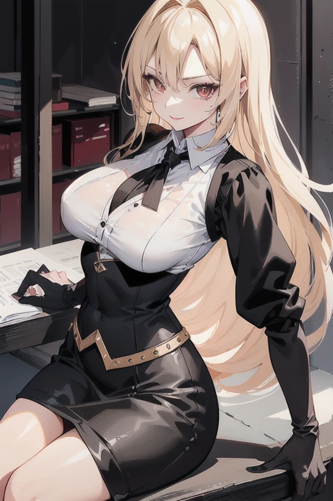 ((masterpiece, best quality, ultra-detailed, 8k:1.3)), 1girl, drill hair, blonde hair, hair accessories, red eyes, thick red lips, ((long white shirt, black long skirt, black vest, black tie, black cloak:1.3)), ((adult woman, mature woman, older woman:1.3)), ((perfect body proportions, beautiful body, aesthetic body, perfect anatomy:1.3)), (closed clothing:1.2), long black gloves, office, mole under eye, smile, sitting on chair