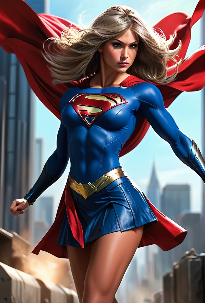 Massive muscular girl, with growth muscles veins, with style SuperGirl ,steel tones blue,abs growth without clothes, short red skirt,
,She is in combat pose, her veins are pulsing ,concept art,she is standing ,I have a long red cape 