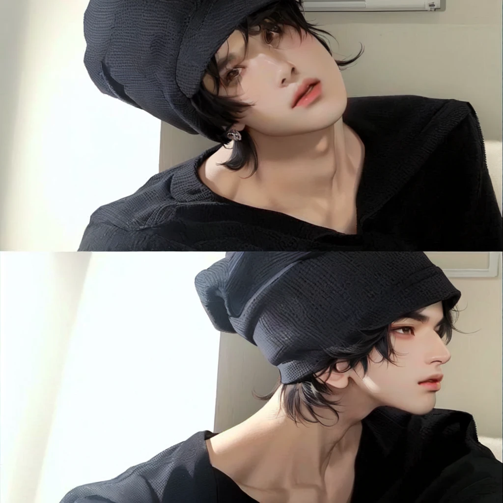 a close up of a person wearing a hat and a black shirt, male ulzzang, cai xukun, jinyoung shin, with short hair, ulzzang, 1 7 - year - old boy thin face, with same hairstyle, kim doyoung, jinyoung shin aesthetic, jungkook, he has an elongated head shape, wan adorable korean face, korean face, bts jungkook, kpop boy, cute, jeon jungkook, korean male face