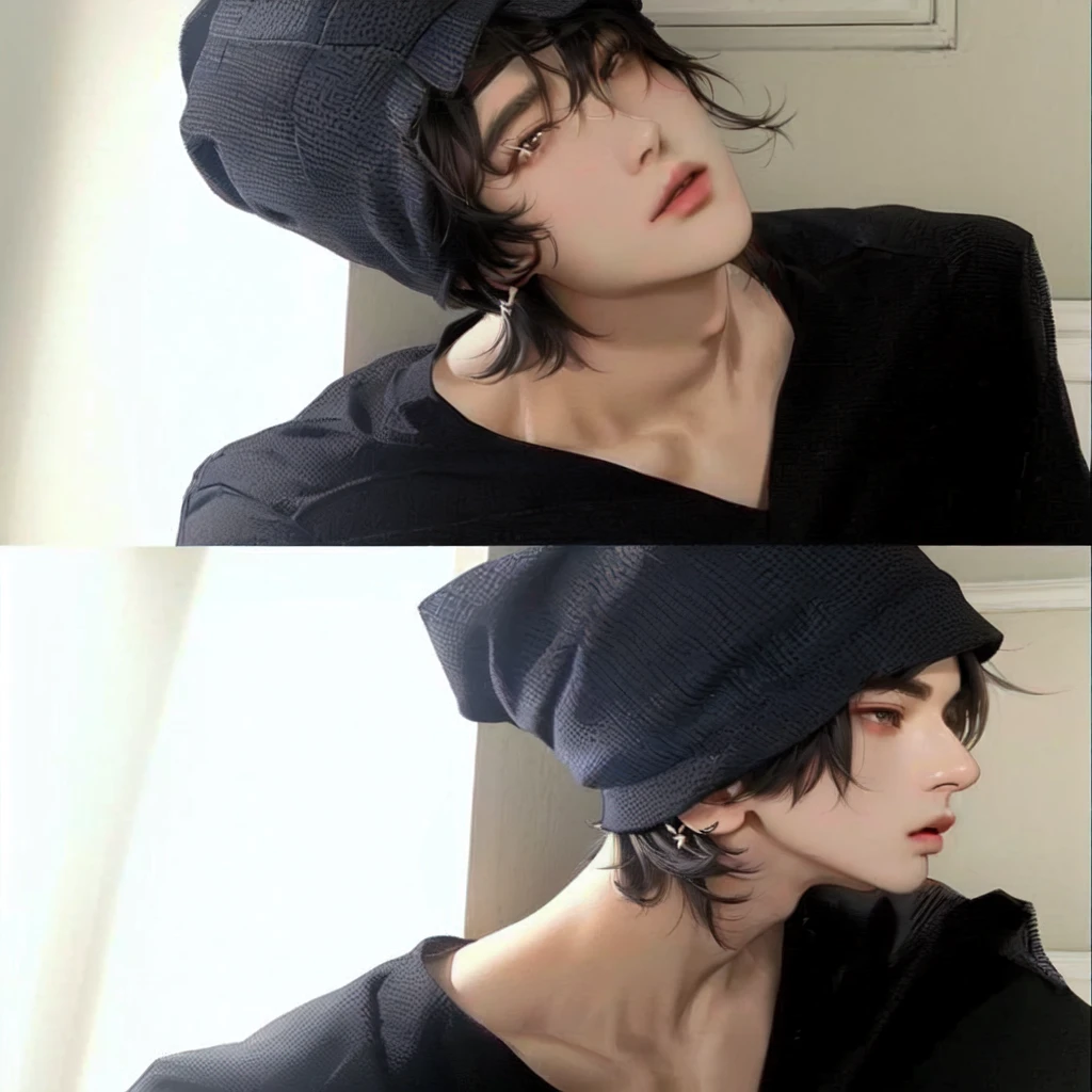 a close up of a person wearing a hat and a black shirt, male ulzzang, cai xukun, jinyoung shin, with short hair, ulzzang, 1 7 -  - old  thin face, with same hairstyle, kim doyoung, jinyoung shin aesthetic, jungkook, he has an elongated head shape, wan adorable korean face, korean face, bts jungkook, kpop boy, cute, jeon jungkook, korean male face