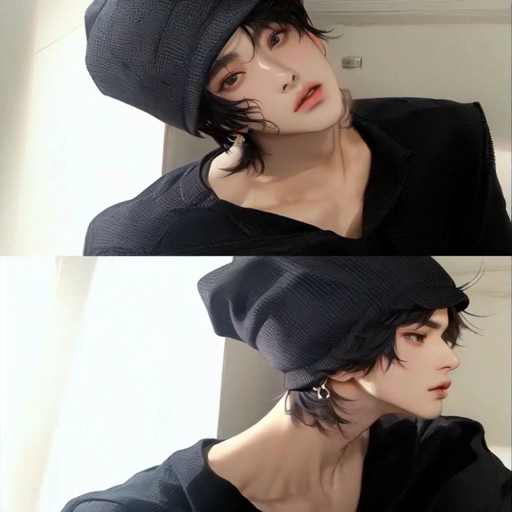 a close up of a person wearing a hat and a black shirt, male ulzzang, cai xukun, jinyoung shin, with short hair, ulzzang, 1 7 - year - old boy thin face, with same hairstyle, kim doyoung, jinyoung shin aesthetic, jungkook, he has an elongated head shape, wan adorable korean face, korean face, bts jungkook, kpop boy, cute, jeon jungkook, korean male face