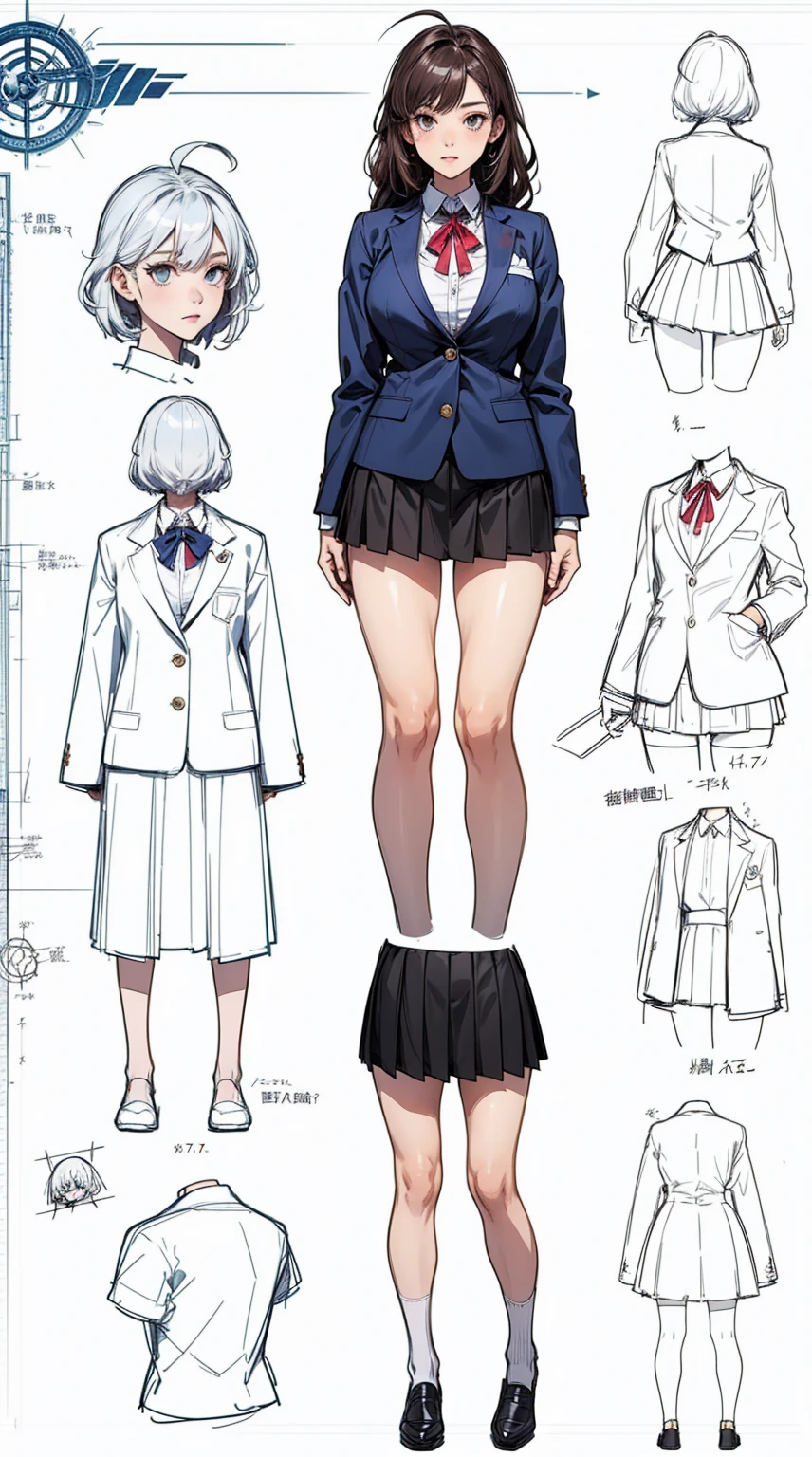 girl, alone, whole body, From head to toe, Are standing, (Huge_chest:1.3),
Character design sheet, Character Reference Sheet, 設計図のSchematic, Drafting, Blueprint, Schematic,
((Character design sheet:1.7, Character Reference Sheet:1.7,)),
anime/cartoon character wearing a girls , 1girl, alone, Thigh-high socks, blazer burezaa (blazer), Ahoge, Long Hair, bow, , shoes, loafers, ribbon, (Very short skirt:1.4),lingerie,