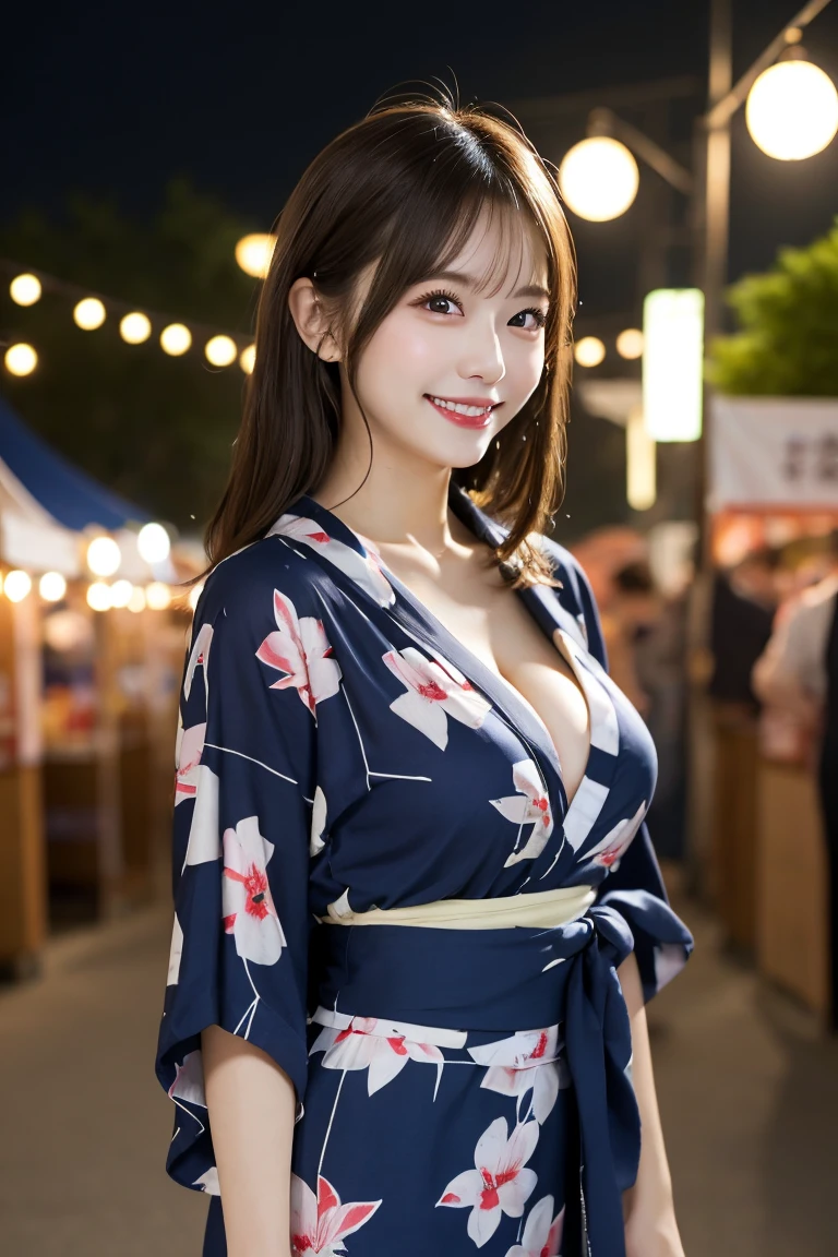 Summer festival stalls night, Highest quality, shape, Very detailed, In detail, High resolution, 8k wallpaper, Perfect dynamic composition, Beautiful details,  Natural Lip, Cute yukata, Big Breasts, Cleavage, She is smiling in a cute pose.., A masterpiece of the whole body, Full Body Shot