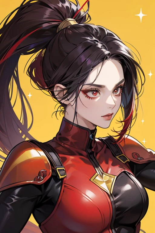 Ladydragon wears a red and yellow superhero bodysuit with black markings and her hair changes color from very dark blue-violet to brilliant amaranth with her ponytail extended pass her shoulders. She wears a red, yellow, and black domino mask with her eyes changing from dark brownish gray to luminous vivid gold. SPARKLE; GLITTER