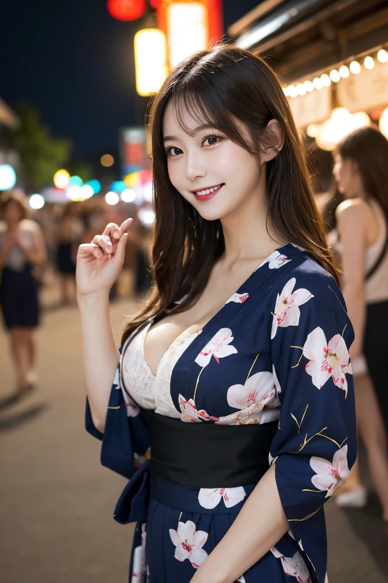 Summer festival stalls night, Highest quality, shape, Very detailed, In detail, High resolution, 8k wallpaper, Perfect dynamic composition, Beautiful details, Natural Lip, Cute yukata, Big Breasts, Cleavage, She is smiling in a cute pose.., A masterpiece of the whole body, Full Body Shot