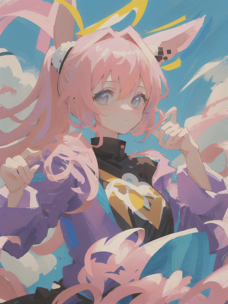 masterpiece, high quality, best quality, 1girl, solo, solo focus, upper body, looking at viewer, pink hair, big floppy bunny ears, 2 pony tail hair,