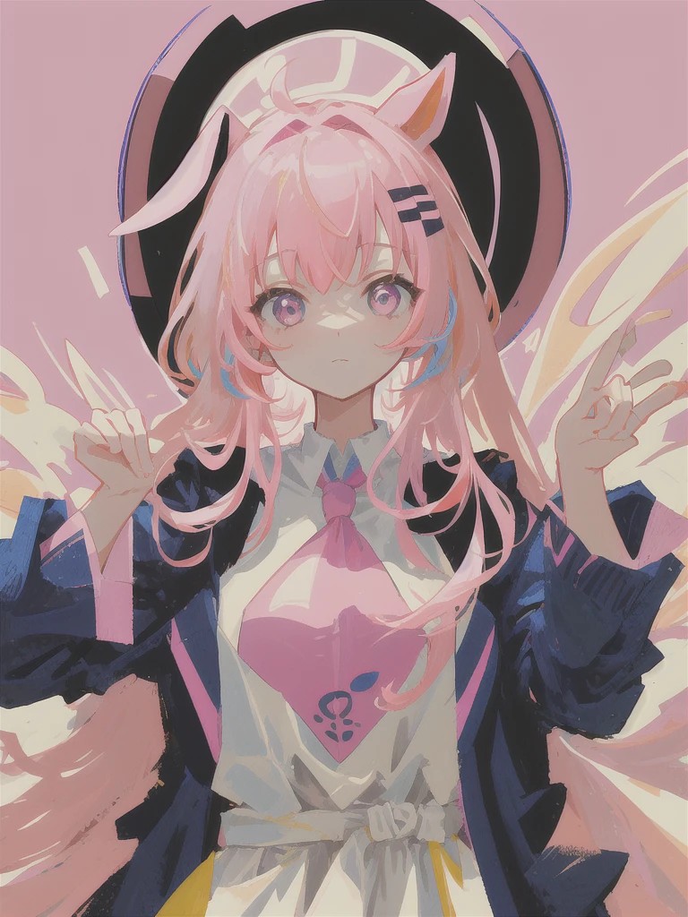 masterpiece, high quality, best quality, 1girl, solo, solo focus, upper body, looking at viewer, pink hair, big floppy bunny ears, 2 pony tail hair,