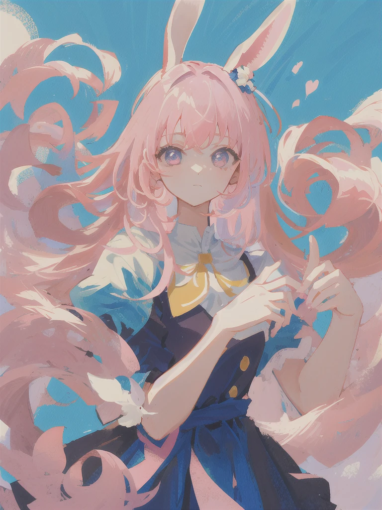 masterpiece, high quality, best quality, 1girl, solo, solo focus, upper body, looking at viewer, pink hair, big floppy bunny ears, 2 pony tail hair,
