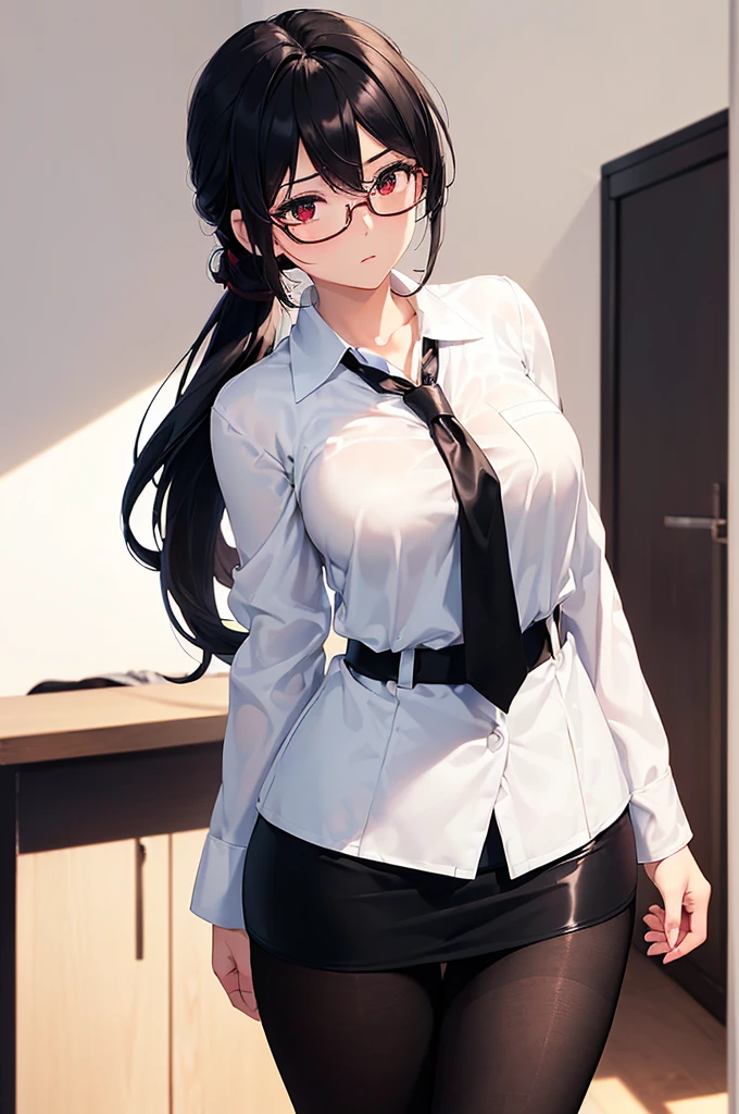 (masterpiece; best quality: 1.2), (finely detailed eyes: 1.3), ((25 year old woman)), ((solo)), (red eyes: 1.4), (body; gorgeous, soft, femenine: 1.3), (silky black hair + low ponytail: 1.3), (beautiful and clear background: 1.2), ((depth of field)), (equipment: white open lab coat + black shirt + white necktie + black long pencil skirt + black pantyhose + black square glasses: 1.3), (anime illustration: 1.2), (background composition; japanese highschool classroom + furniture: 1.1), (extremely fine and beautiful: 1.1), (shot composition; standing + centered on torso + close-up: 1.5), (expression; calm, stoic: 1.2)