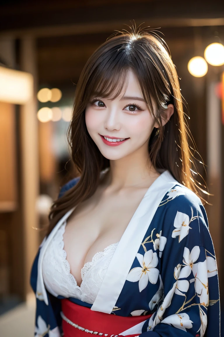 Summer festival stalls Frankfurt, Highest quality, shape, Very detailed, In detail, High resolution, 8k wallpaper, Perfect dynamic composition, Beautiful details,  Natural Lip, Cute yukata, Big Breasts, Cleavage, She is smiling in a cute pose.., A masterpiece of the whole body, Full Body Shot