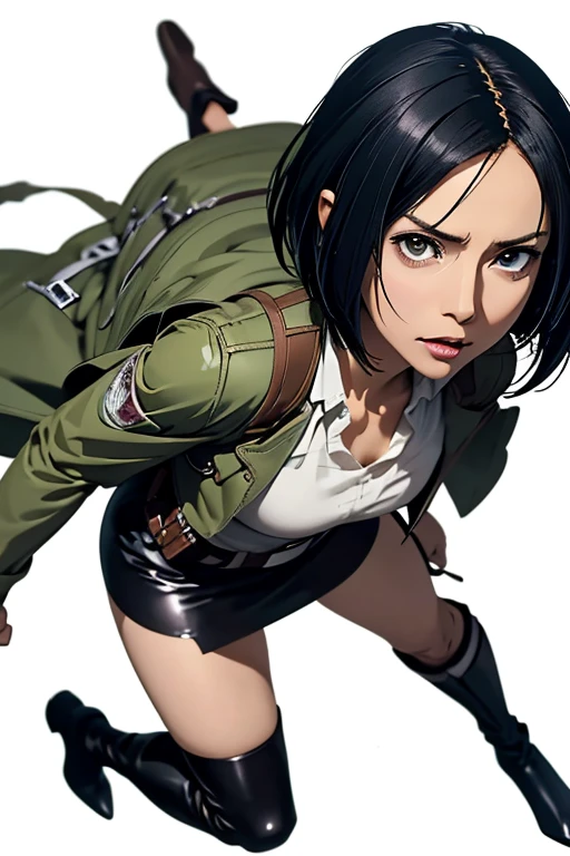 Highest quality High resolution Simple Attack on Titan Mikasa Ackerman Mikasa Ackermanコスプレをする可愛い女の子 White Hair Pointed Ears White shiny outfit mini skirt boots head to feet