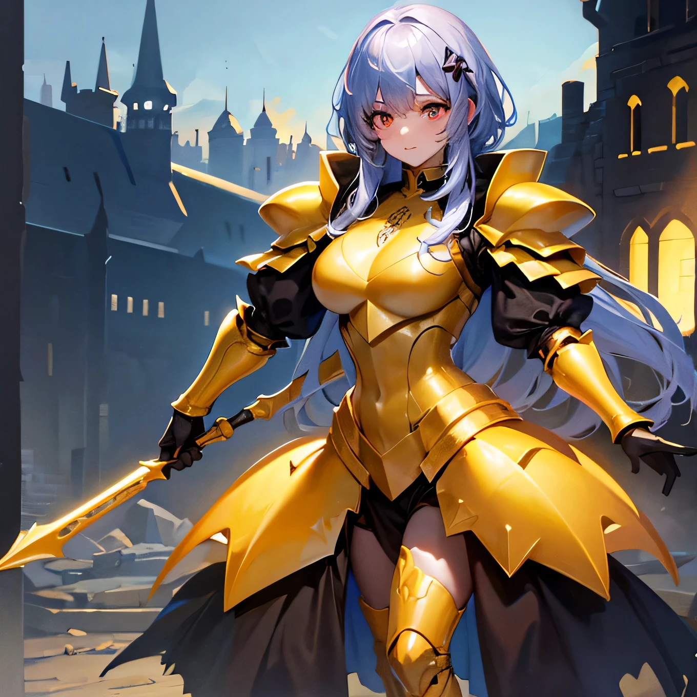rem, cogarmor2023, castle, yellow armor, 8k hd, Best Quality, Masterpiece, bright accents