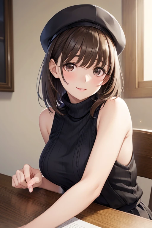 anegasaki nene、Shiny brown hair, short hair, Beautiful brown eyes、smile、Sparkling eyes, (Fine grain)、超detailedな目、非常にdetailedな顔, 非常にdetailedな目,

(Highest quality, Realistic), (Portraiture), (Vibrant colors), (Soft lighting), (Tabletop,High resolution,16K:1.2),


Highest quality, masterpiece, High resolution, detailed, Digital Art, 
, Brown hat, Black sweater, Sleeveless turtleneck, Checked skirt, court, 