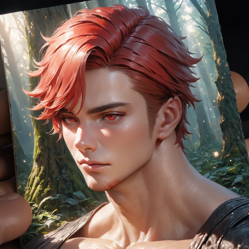 A beautiful muscular man with red hair and red eyes, a strong jawline, posing in a forest, Genshin inspired, close-up portrait, dark-haired boy, Niji style, (best quality,4k,8k,highres,masterpiece:1.2),ultra-detailed,(realistic,photorealistic,photo-realistic:1.37),HDR,UHD,studio lighting,ultra-fine painting,sharp focus,physically-based rendering,extreme detail description,professional,vivid colors,bokeh