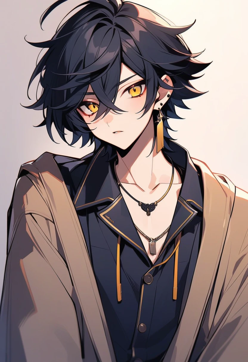 Short messy black hair male yellow eyes siren 17 year old