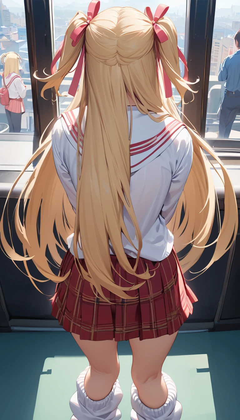 A girl is standing in the back of the screen, with her hands on the train window and her butt sticking out towards the viewer., A girl seen from the perspective of a standing viewer, (POV from behind:1.4), (standing doggy style vaginal sex:1.4), (1girl, buttocks, turn around, back shot, sharp focus solo), (Masterpiece, Super realistic, Super details, Super Highest Quality, Super Highest Quality), super cute and beautiful girl, You are male professional photographer, Japanese gal, For dark brown eyes, Blonde yellow hair, Pink ribbon, gal make-up, False eyelashes, Pearl pink lips, Unbuttoned out Hemmed sailor red open collared open front white shirt, (Very thin shirt:1.3), beautiful focus, big open mouth, (brown eyes:1.4), big round chest, BREAK, (Half down two side up blonde very long hair style:1.4), (Wider at the hem flabby large in size Super Loose Socks:1.4), (wear loafer:1.2), An innocent -yeld gi (skin fang:1.2), realistic cute Japanese girl, standing pose, wear white unbuttoned shirt, low-rise pleated plaid micro mini skirt, loose socks, loafer, Japanese cute girls, long slim legs, long hair, blonde hair, two side up, hair ribbon, pink ribbon, , frills, opened sailor collar, necktie, white shirt, long sleeves, red skirt, from behind POV, (shirt trimmed with white frills:1.4), from crowded above,