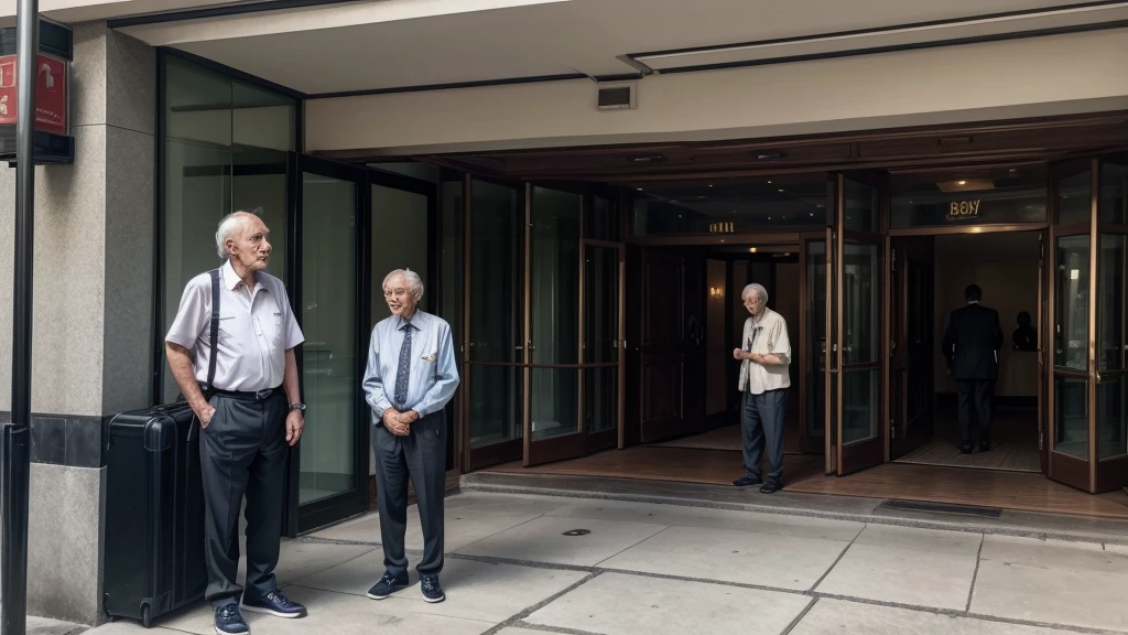 An elderly man in simple clothes and worn-out shoes trying to enter the reception of a five-star hotel, with a well-dressed receptionist looking at him with disdain.