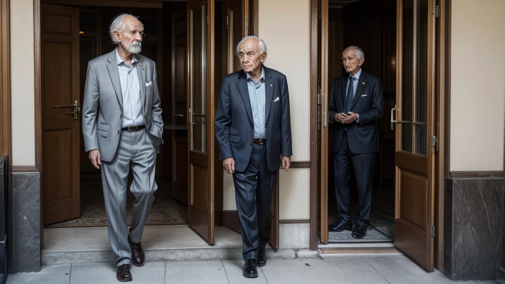 An elderly man in simple clothes and worn-out shoes trying to enter the reception of a five-star hotel, with a well-dressed receptionist looking at him with disdain.