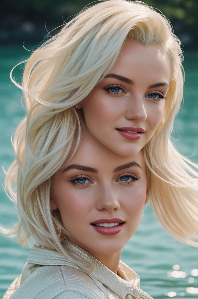 A hyperrealistic illustration of Marilyn Monroe, portrayed in a close-up shot. She is wearing a stylish, cropped jacket and standing by a serene body of water. Her iconic platinum blonde hair and a radiant smile are captured in exquisite detail. The artistic style reflects Charlie Bowater's influence, with a focus on the subject's beauty and elegance. The background is subtly blurred to highlight the first-rate craftsmanship of this captivating character portrait., illustration, portrait photography, painting, fashion, poster