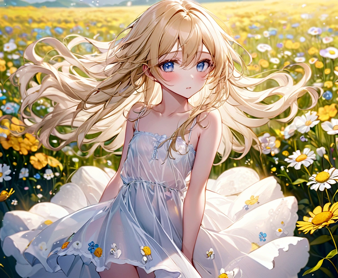 girl、cute、Blonde、Fluffy hair、Long Hair、White dress、Skirt fluttering in the wind、solo、blue eyes、Highest quality、masterpiece、Clear focuinimally revealing clothing、Small breasts、Perfect Body、Highly detailed eye depiction、Flower Field、pastel colour