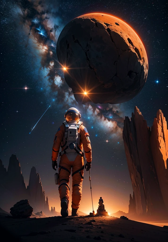 From a low angle, the camera captures an astronaut walking across the Martian landscape under a star-filled night sky. The scene begins with the foreground filled with scattered rocks and small stones, illuminated by the soft glow of the astronaut's helmet lights. The astronaut, positioned in the center of the composition, strides purposefully towards a stunning, colorful structure in the distance.

The structure, reminiscent of Martian architecture, stands out against the red-orange hue of the landscape, its intricate patterns and vibrant colors illuminated by subtle internal lighting. Behind the astronaut, jagged mountains rise majestically, their peaks etched against the backdrop of a starry cosmos.

Above, the night sky is a tapestry of stars and distant planets, casting a serene light over the scene. The atmosphere is quiet and otherworldly, with the only sound being the astronaut's steady footsteps on the rocky terrain. The composition conveys a sense of exploration and discovery, capturing the essence of humanity's journey into the unknown depths of the Martian night.