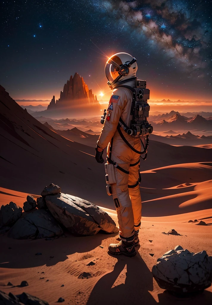 From a low angle, the camera captures an astronaut walking across the Martian landscape under a star-filled night sky. The scene begins with the foreground filled with scattered rocks and small stones, illuminated by the soft glow of the astronaut's helmet lights. The astronaut, positioned in the center of the composition, strides purposefully towards a stunning, colorful structure in the distance.

The structure, reminiscent of Martian architecture, stands out against the red-orange hue of the landscape, its intricate patterns and vibrant colors illuminated by subtle internal lighting. Behind the astronaut, jagged mountains rise majestically, their peaks etched against the backdrop of a starry cosmos.

Above, the night sky is a tapestry of stars and distant planets, casting a serene light over the scene. The atmosphere is quiet and otherworldly, with the only sound being the astronaut's steady footsteps on the rocky terrain. The composition conveys a sense of exploration and discovery, capturing the essence of humanity's journey into the unknown depths of the Martian night.