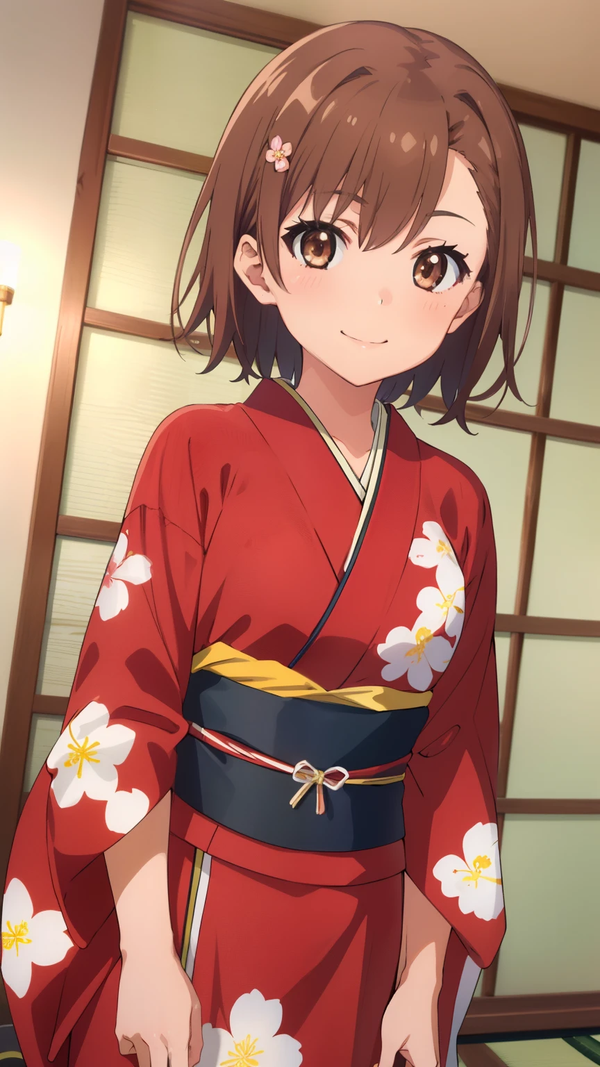 (masterpiece, best quality, 8k:1.2),Very detailed, (anime:1.1), misaka_mikoto, brown hair, short hair, hairpin, small medium breasts, 1girl, (smile, Japanese clothing, red kimono, long sleeves, floral print, sash, indoor), dutch angle, looking at viewer,